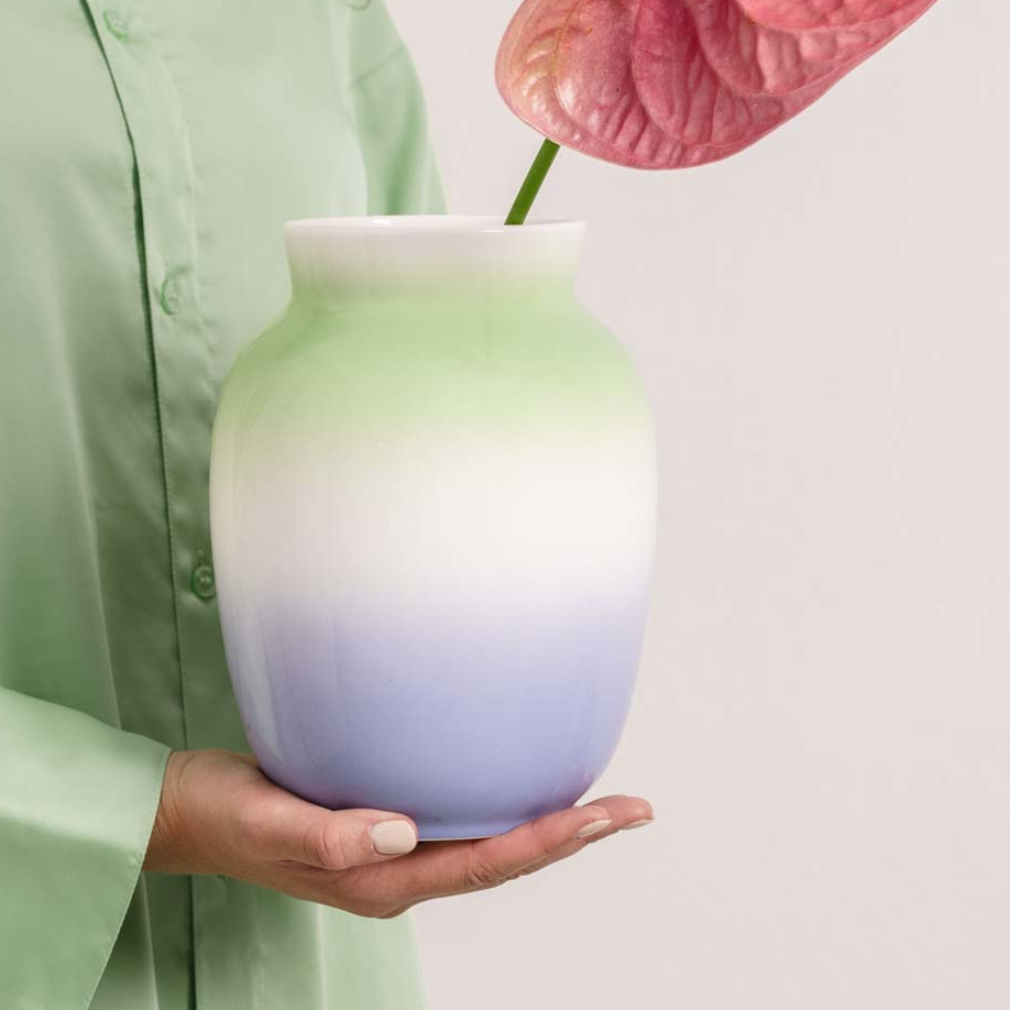 Balance vase with delicate colour gradients in green and lilac.